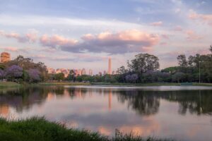 Passeios Quase Gratuitos em São Paulo, Sunset at Ibirapuera Park Lake and Sao Paulo Obelisk - Sao Paulo, Brazil